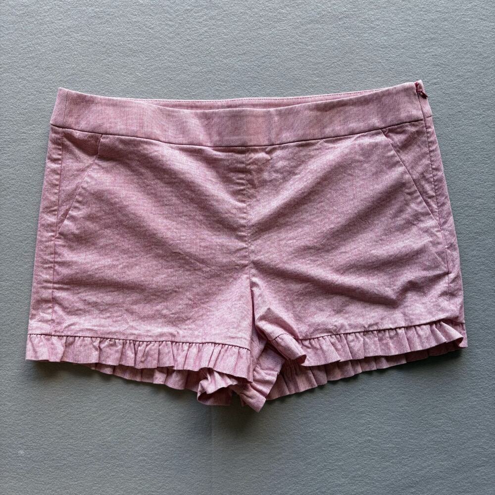 LOFT Ruffle Hem Shorts Size 12 Pink White Gingham Seersucker Textured